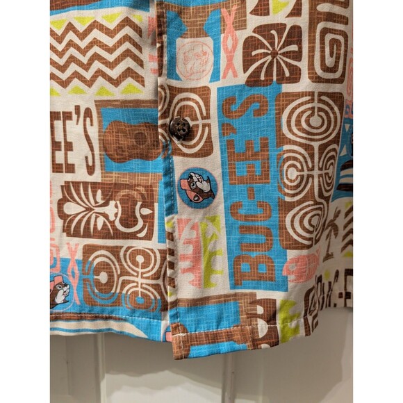 Buc-ee’s Hawaiian Tiki Shirt XL Brown Blue Surfboards Tropical Aloha Button Up - Picture 7 of 12